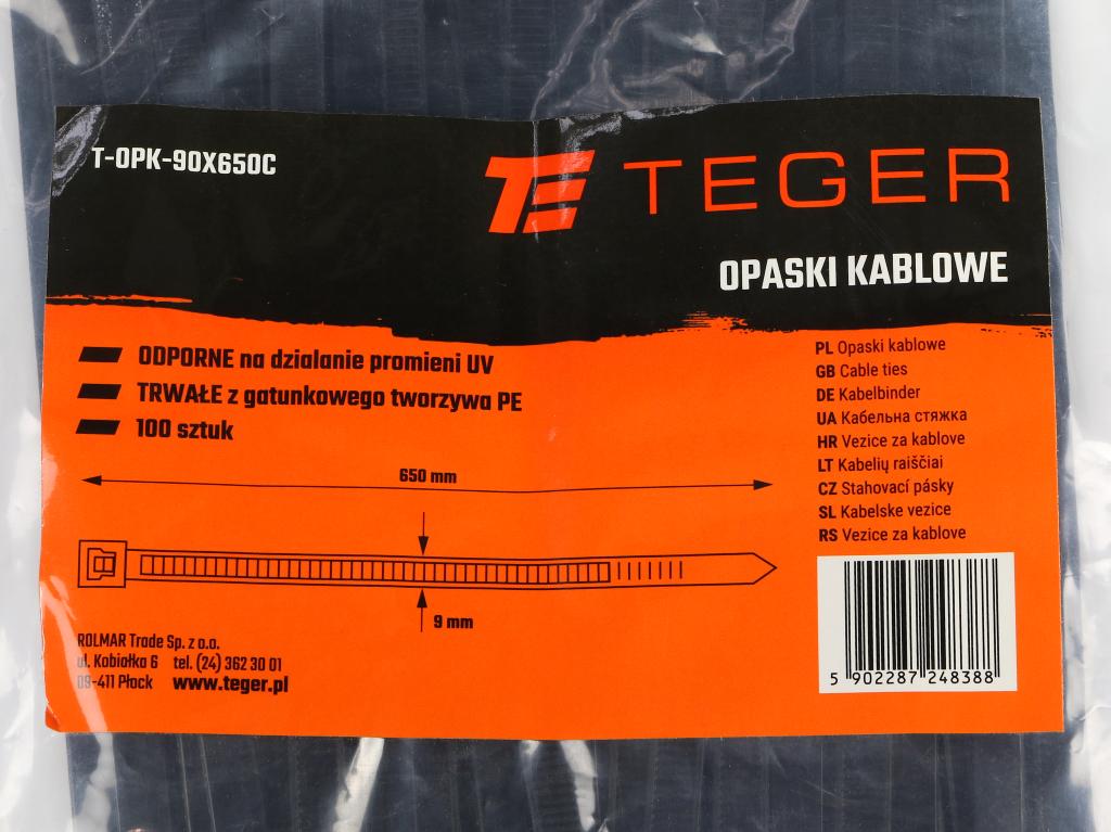 Opaski kablowe, opaska kablowa, opaski zaciskowe, tyrytytki, trytytki, 9.0 x 650mm 100 szt w worku czarne odporne na UV, Teger