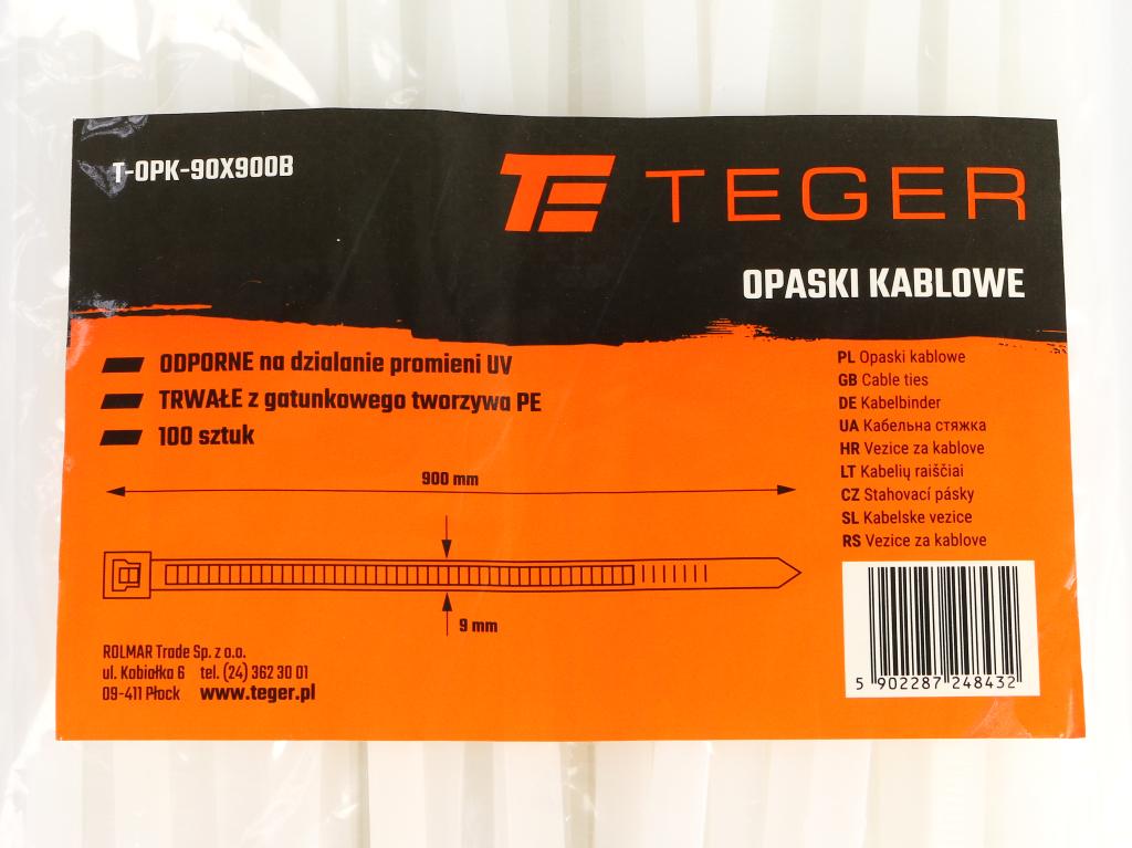 Opaski kablowe, opaska kablowa, opaski zaciskowe, tyrytytki, trytytki, 9.0 x 900mm 100 szt w worku transparentne odporne na UV, Teger