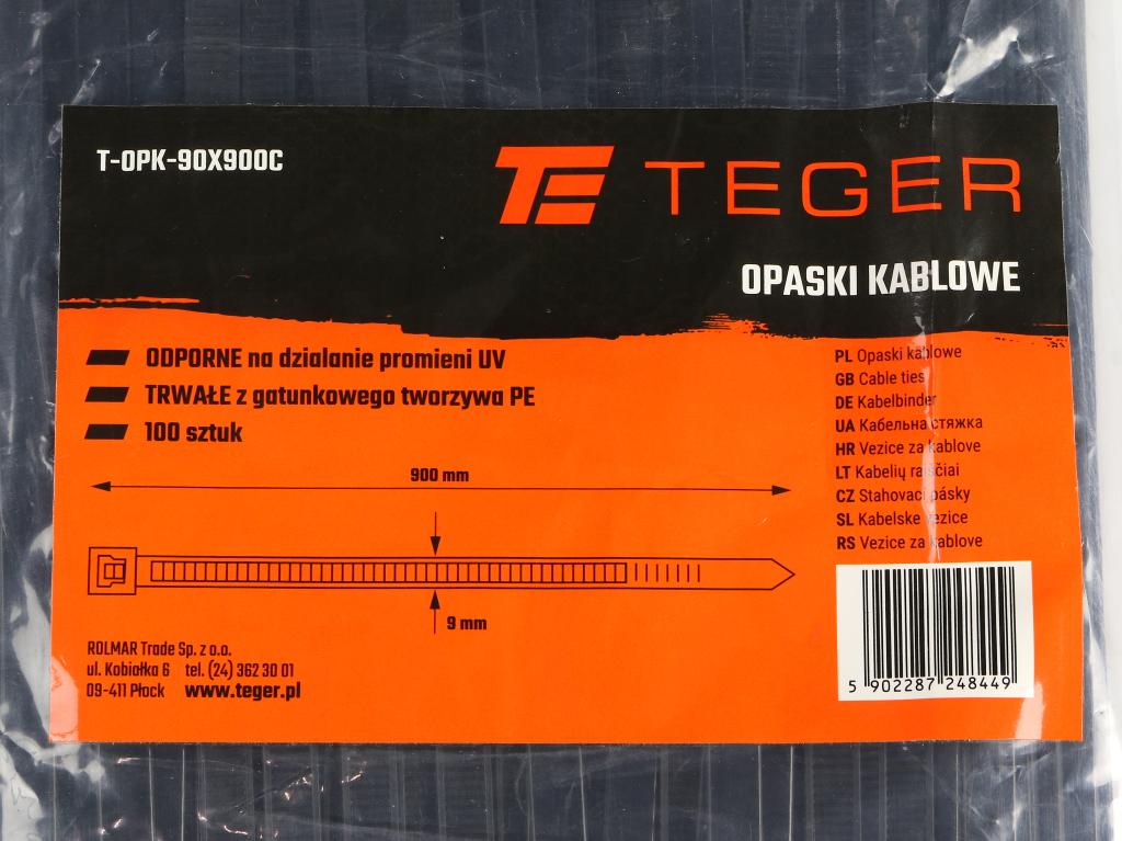 Opaski kablowe, opaska kablowa, opaski zaciskowe, tyrytytki, trytytki, 9.0 x 900mm 100 szt w worku czarne odporne na UV, Teger