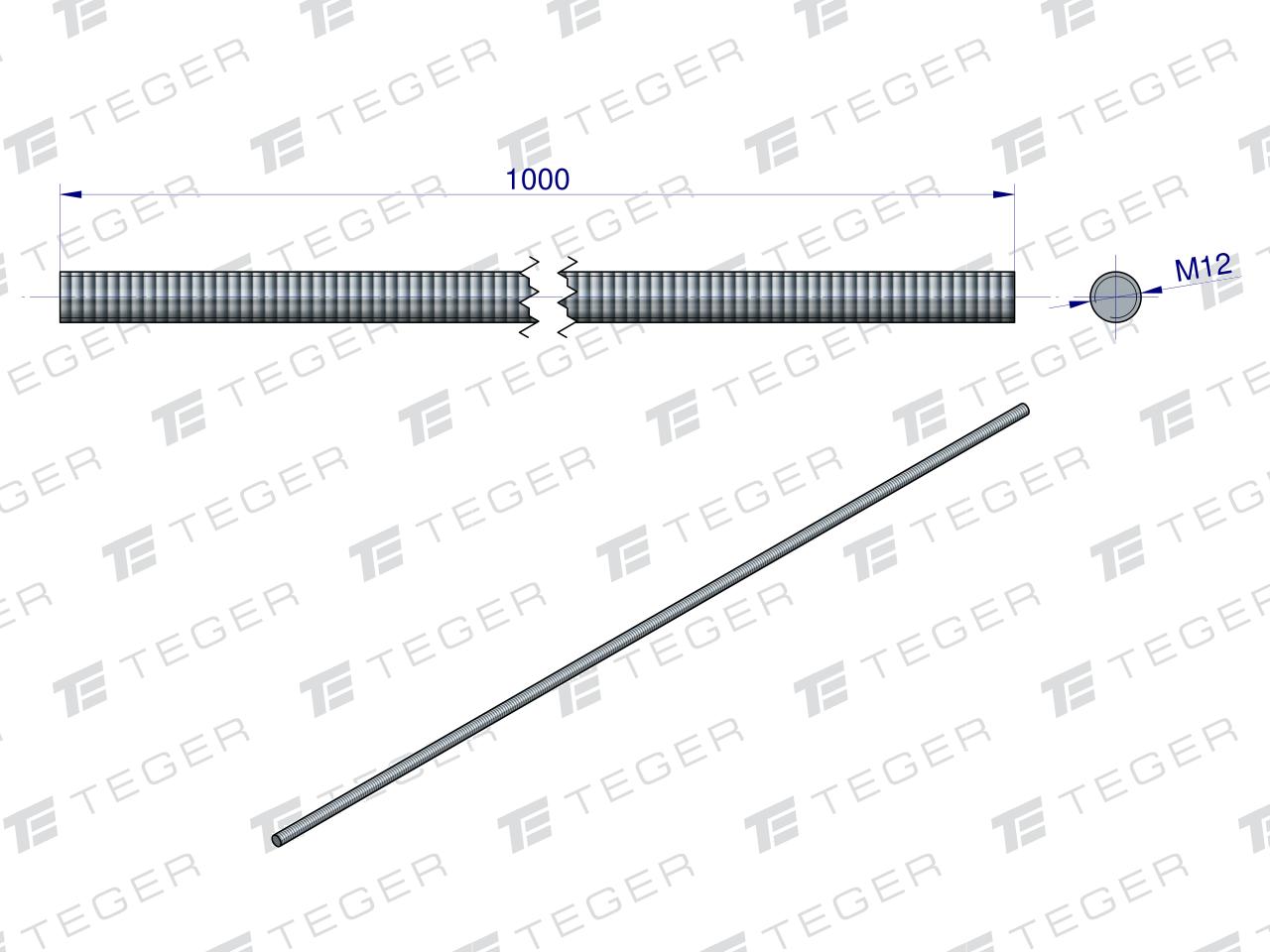Pręt gwintowany M12 x 1000mm kl.8.8 DIN 975 ocynkowany TEGER (sprzedawane po 5)