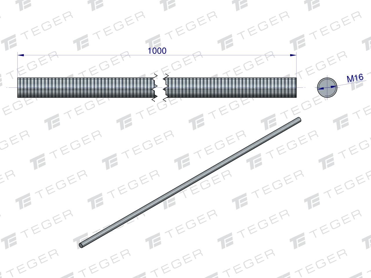Pręt gwintowany M16 x 1000mm kl.8.8 DIN 975 ocynkowany TEGER (sprzedawane po 5)