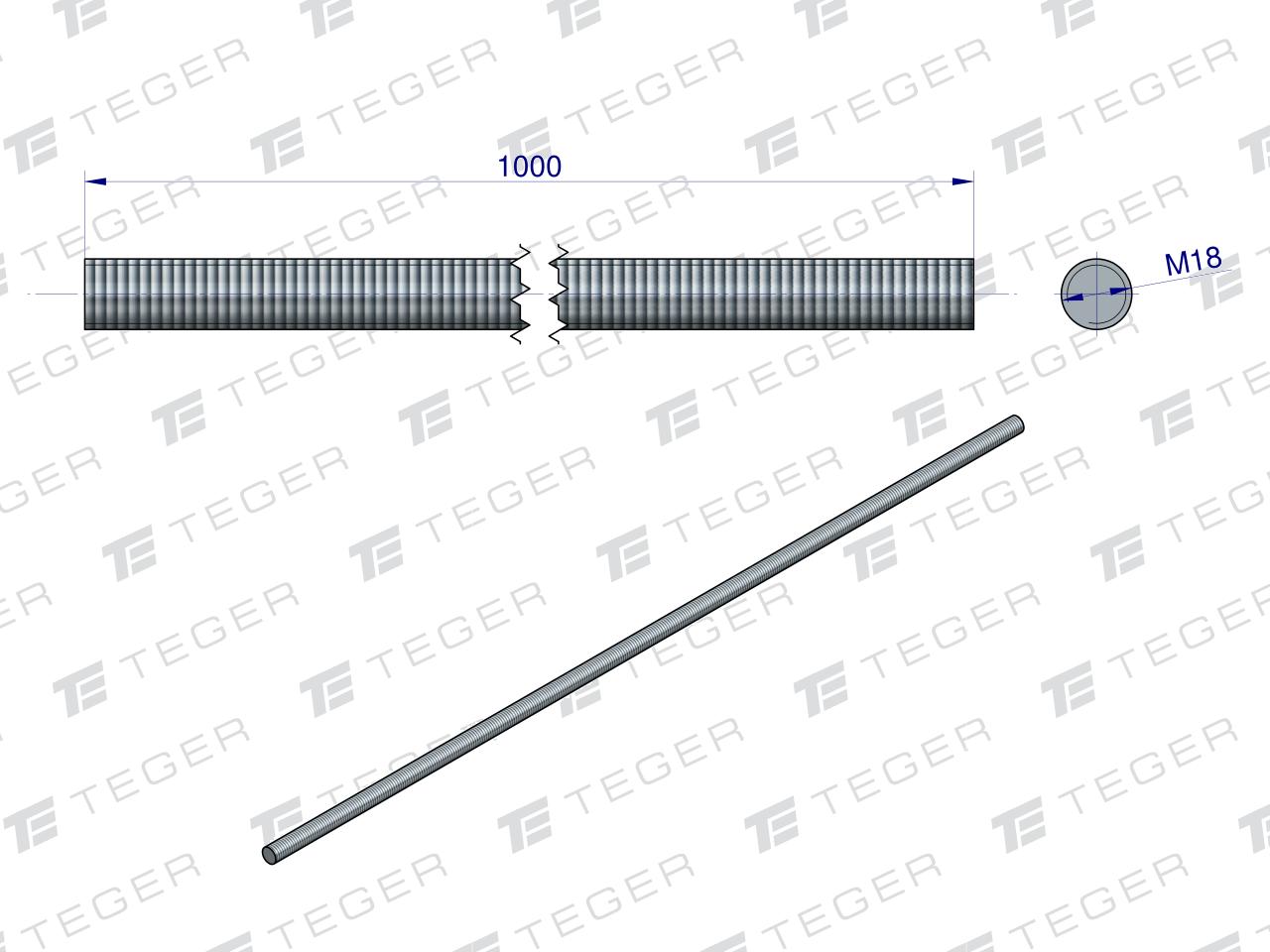 Pręt gwintowany M18 x 1000mm kl.8.8 DIN 975 ocynkowany TEGER