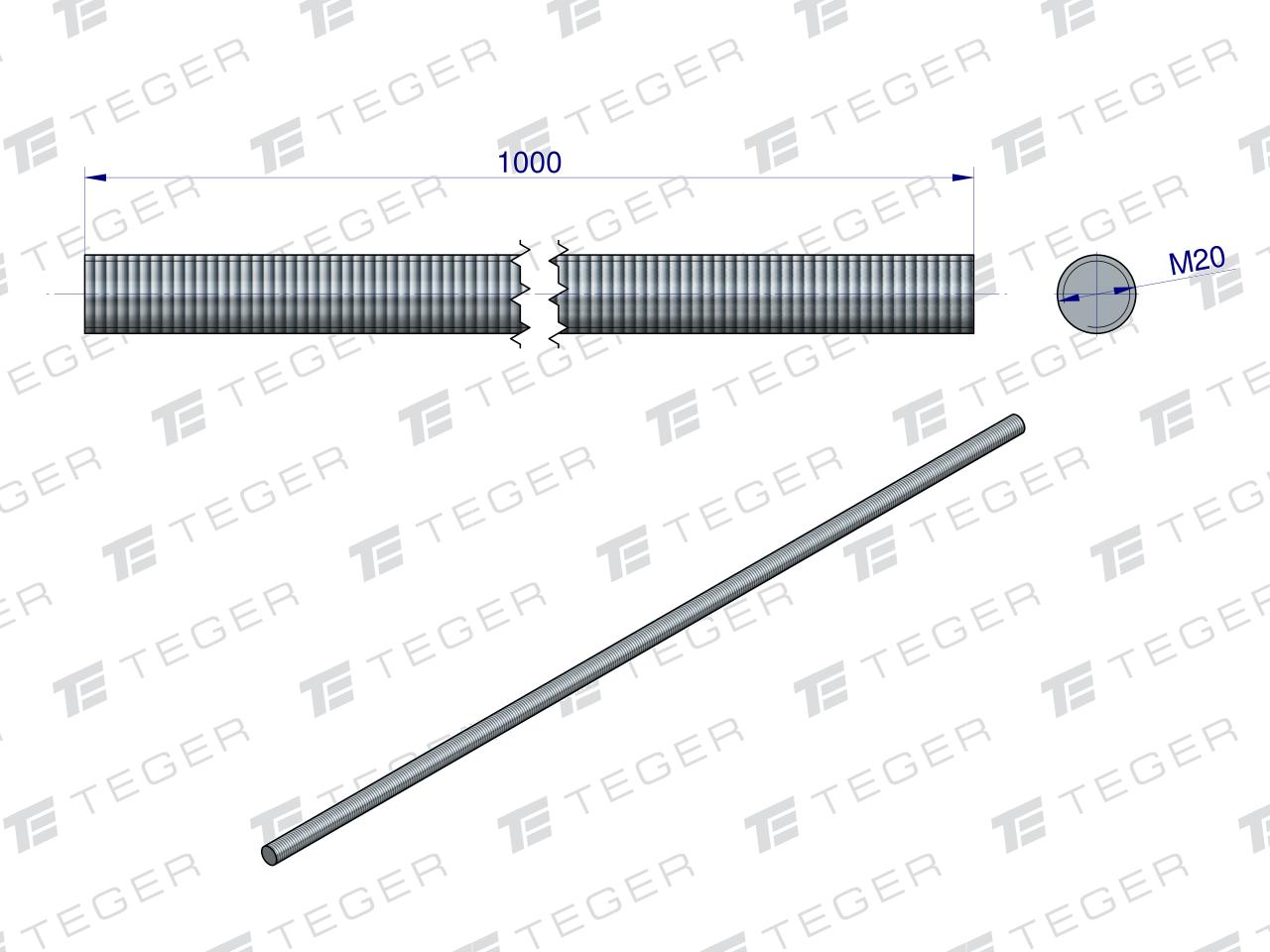 Pręt gwintowany M20 x 1000mm kl.8.8 DIN 975 ocynkowany TEGER