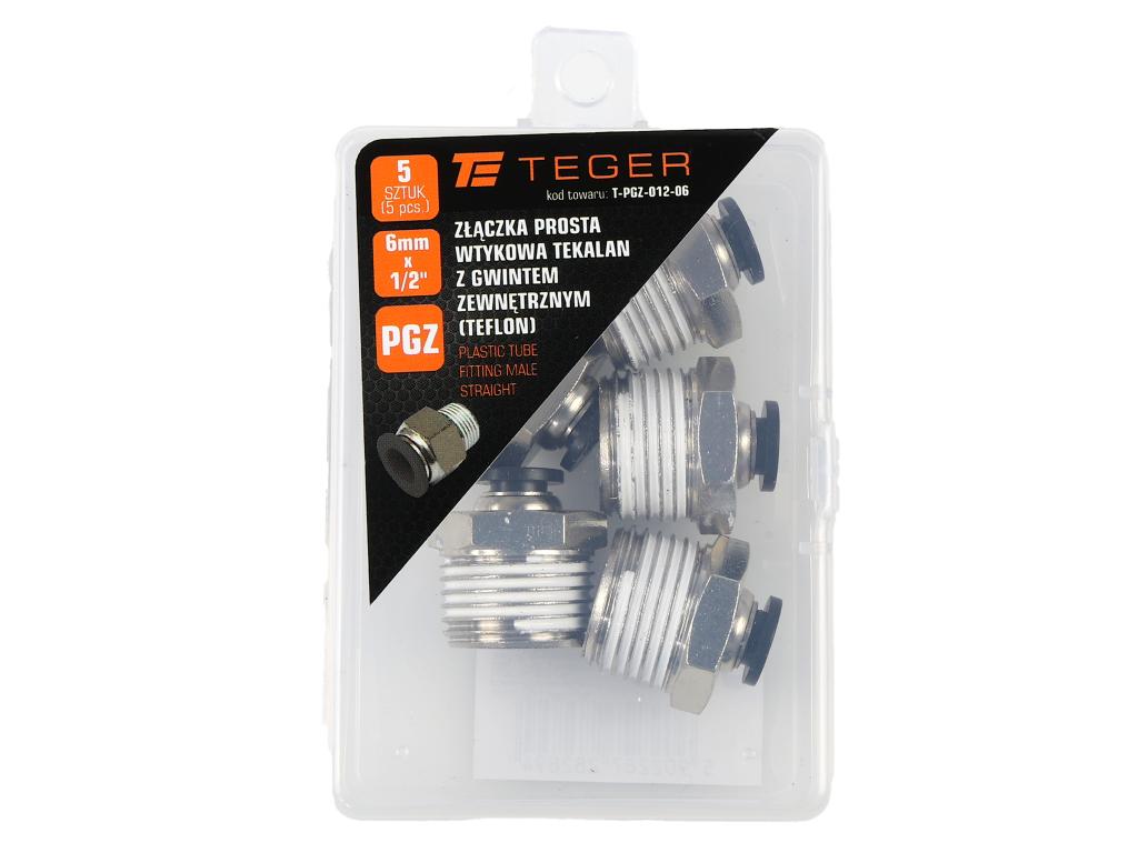 Złączka prosta wtykowa tekalan z gwintem zewnętrznym (teflon) 6mm x 1/2" TEGER, (sprzedawane po 5)