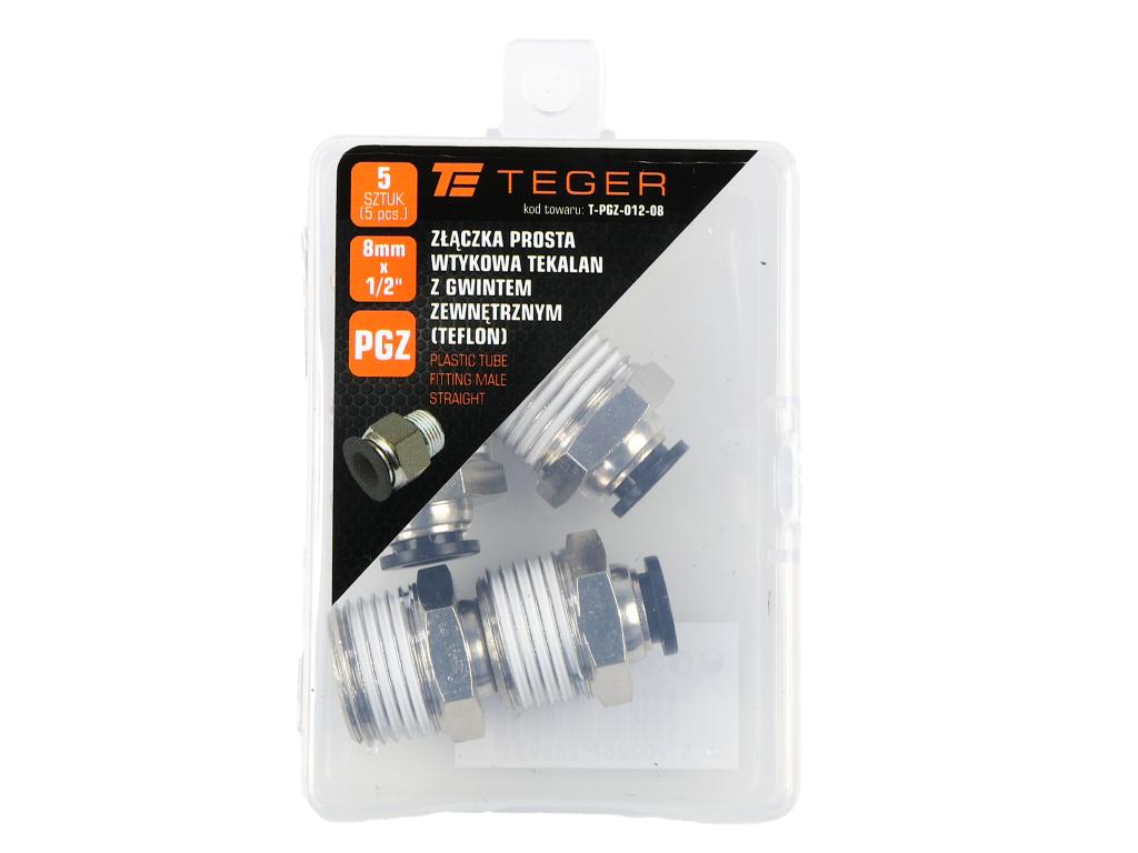 Złączka prosta wtykowa tekalan z gwintem zewnętrznym (teflon) 8mm x 1/2" TEGER, (sprzedawane po 5)