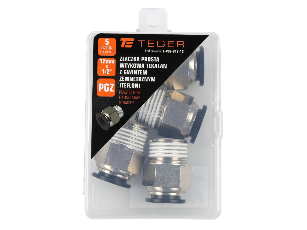 Złączka prosta wtykowa tekalan z gwintem zewnętrznym (teflon) 12mm x 1/2" TEGER, (sprzedawane po 5)