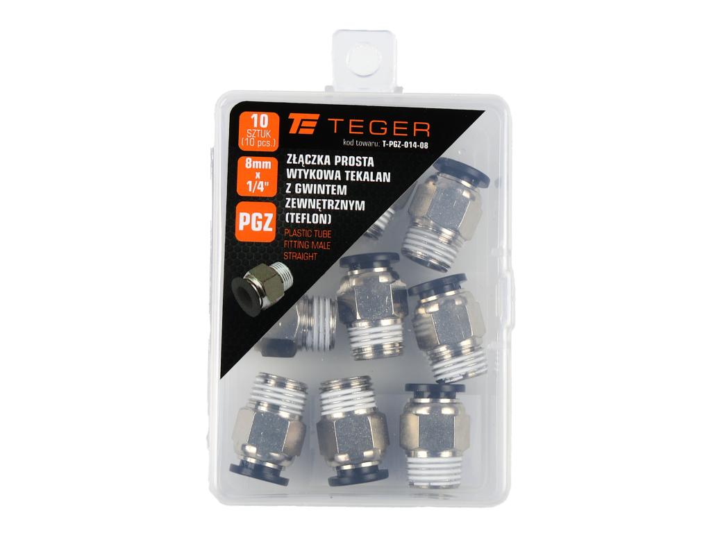 Złączka prosta wtykowa tekalan z gwintem zewnętrznym (teflon) 8mm x 1/4" TEGER, (sprzedawane po 10)