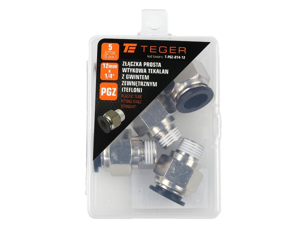 Złączka prosta wtykowa tekalan z gwintem zewnętrznym (teflon) 12mm x 1/4" TEGER, (sprzedawane po 5)