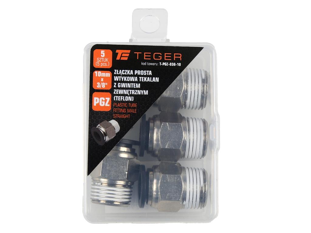 Złączka prosta wtykowa tekalan z gwintem zewnętrznym (teflon) 10mm x 3/8" TEGER, (sprzedawane po 5)