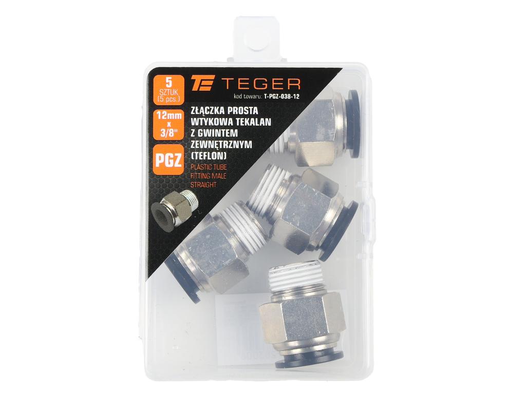 Złączka prosta wtykowa tekalan z gwintem zewnętrznym (teflon) 12mm x 3/8" TEGER, (sprzedawane po 5)