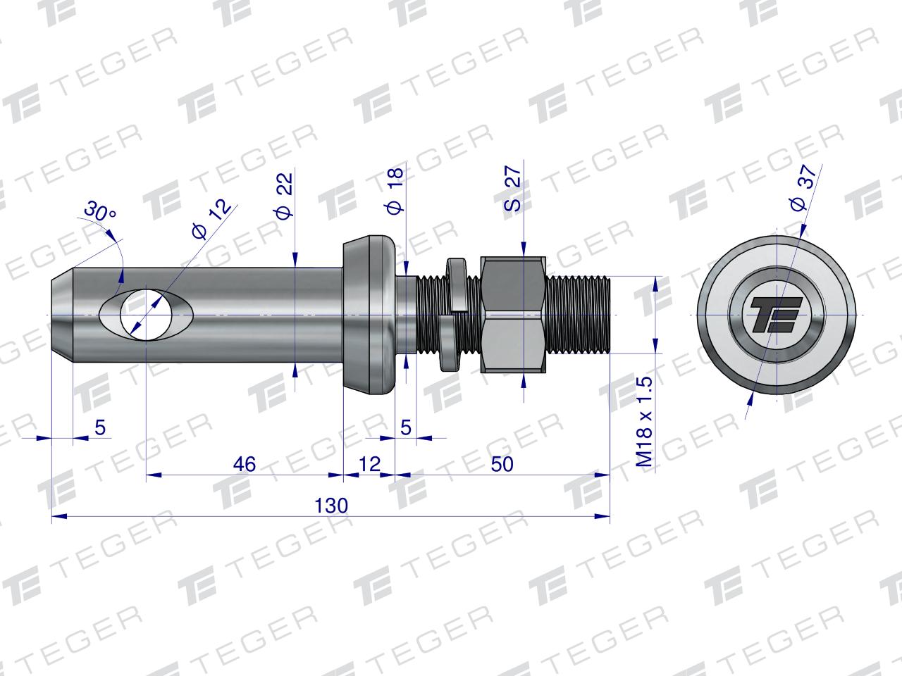 Sworzeń z gwintem T-SG22461845130 fi 22/46 mm M18x1.5/45 mm  130 mm TEGER