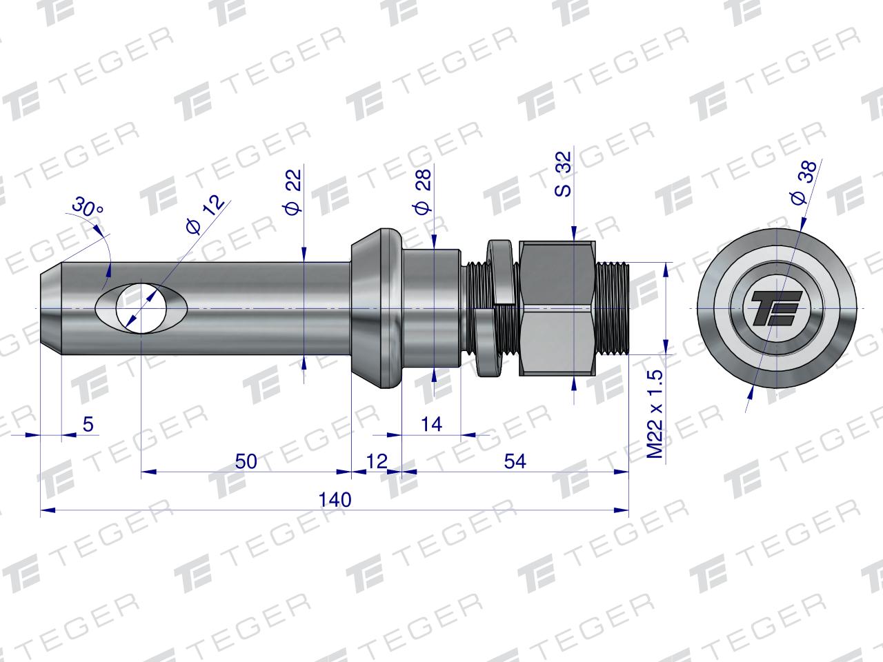 Sworzeń z gwintem T-SG22502240140.1 fi 22/50 mm M22x1.5/40 mm  140 mm TEGER