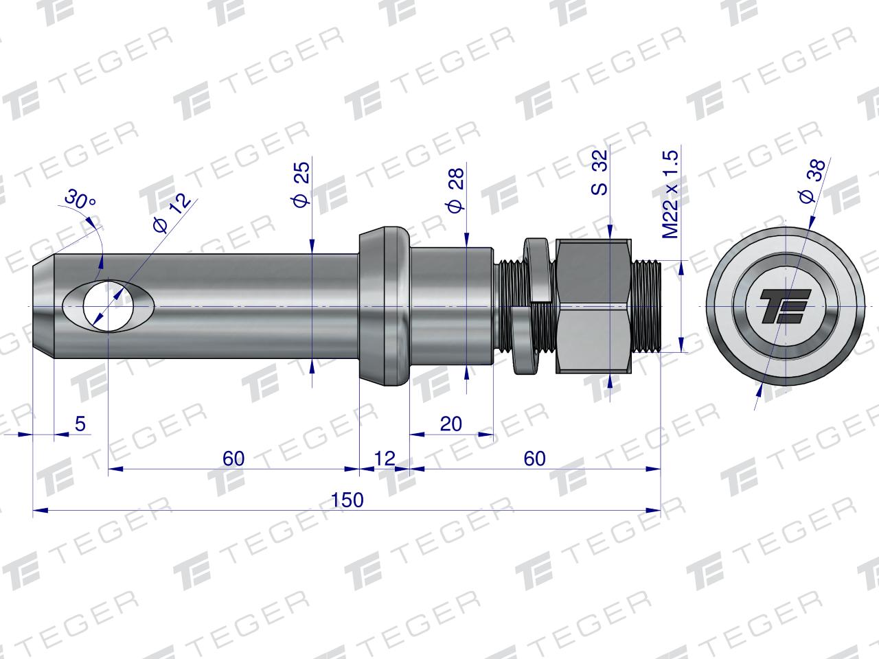 Sworzeń z gwintem T-SG25602240150 fi 25/60 mm M22x1.5/40 mm  150 mm TEGER