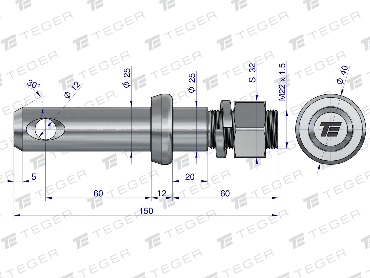 Sworzeń z gwintem T-SG25602550150 fi 25/60 mm M22x1.5/40 mm  150 mm TEGER