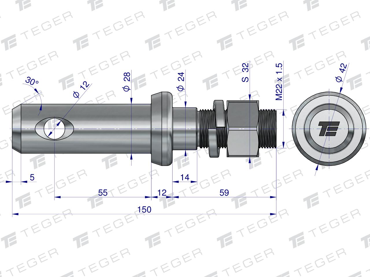 Sworzeń z gwintem T-SG28552245150 fi 28/55 mm M22x1.5/45 mm  150 mm TEGER