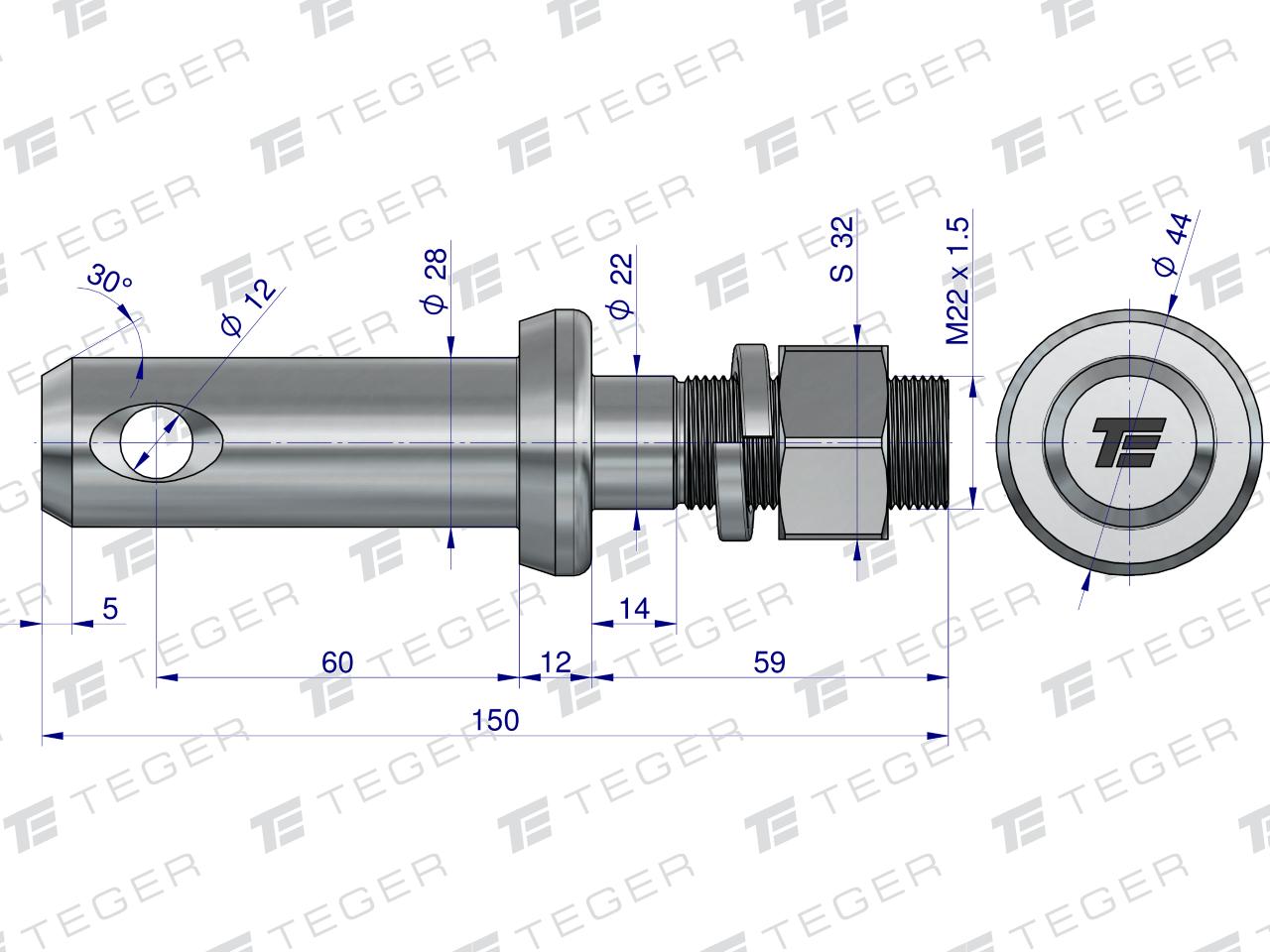 Sworzeń z gwintem T-SG28602245150 fi 28/60 mm M22x1.5/45 mm  150 mm TEGER