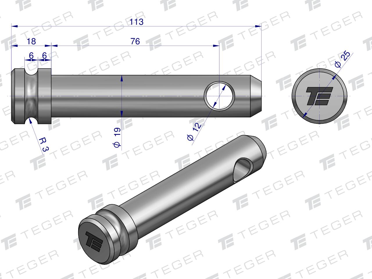 Sworzeń łącznika górnego 19x76x113 TEGER