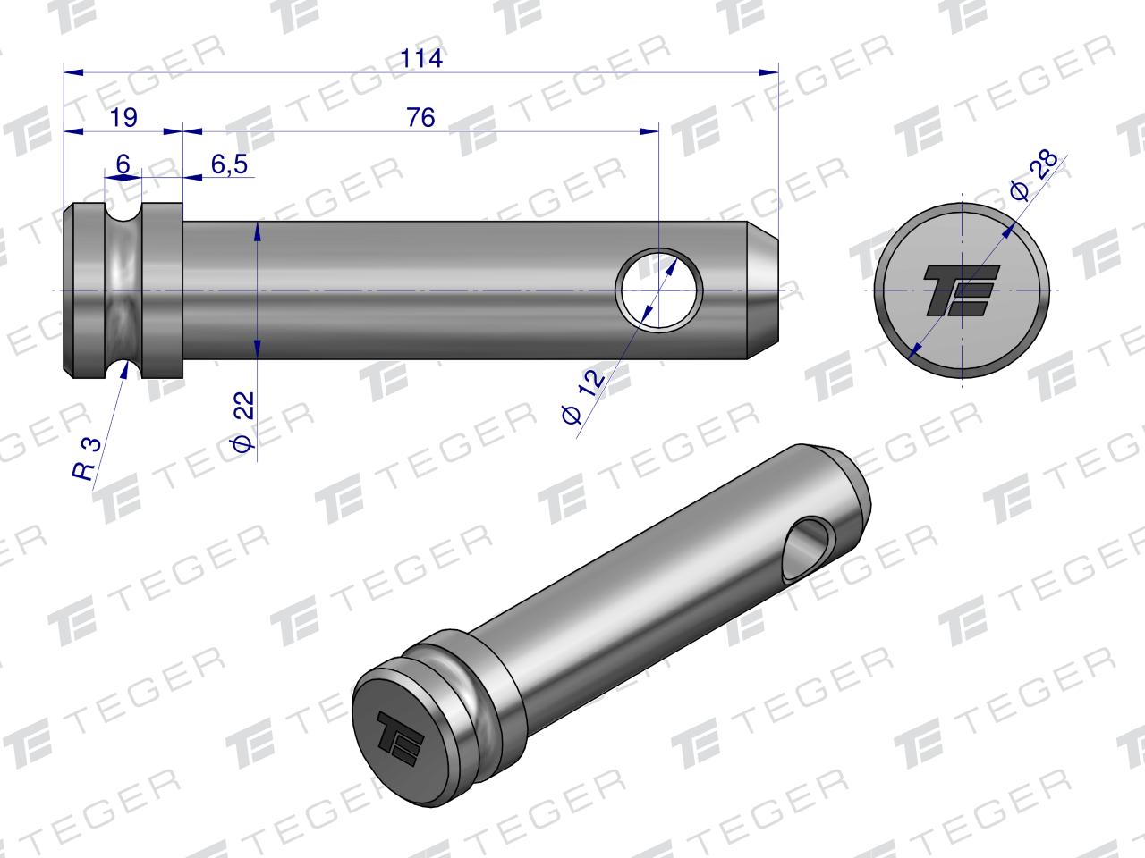 Sworzeń łącznika górnego 22x76x114 TEGER