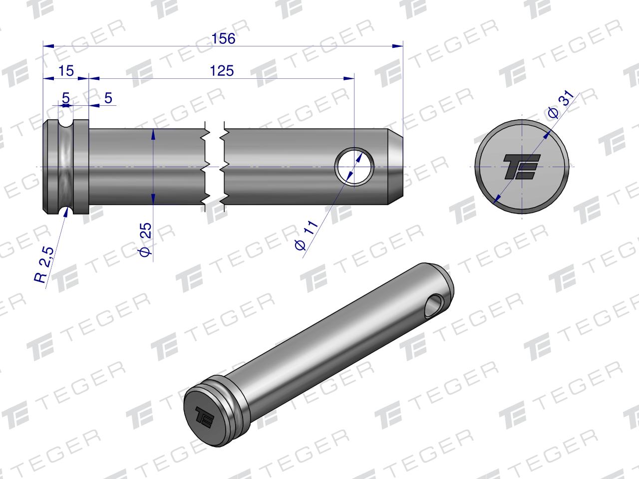 Sworzeń łącznika górnego 25x125x156 TEGER