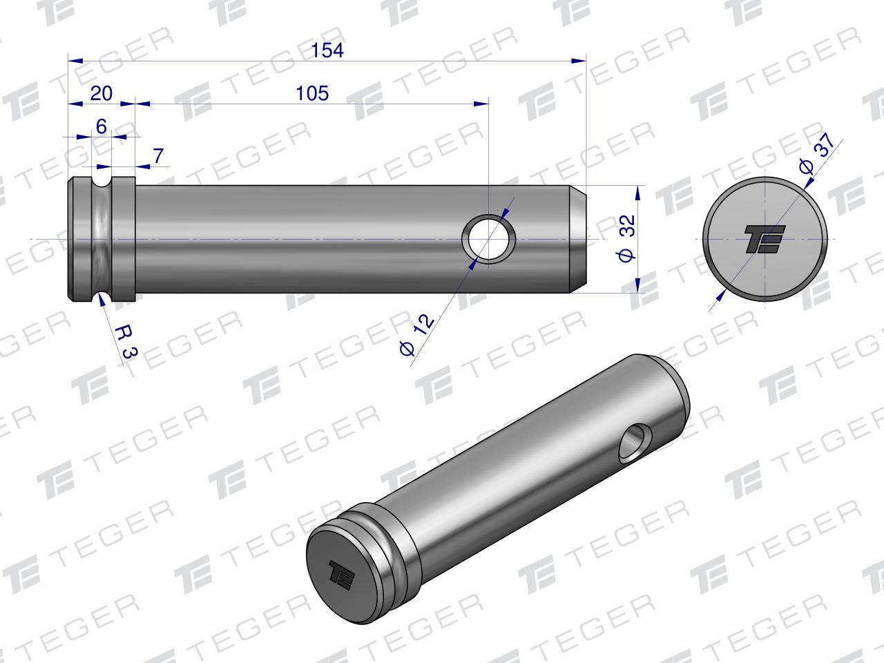 Sworzeń łącznika górnego 32x105x154 TEGER