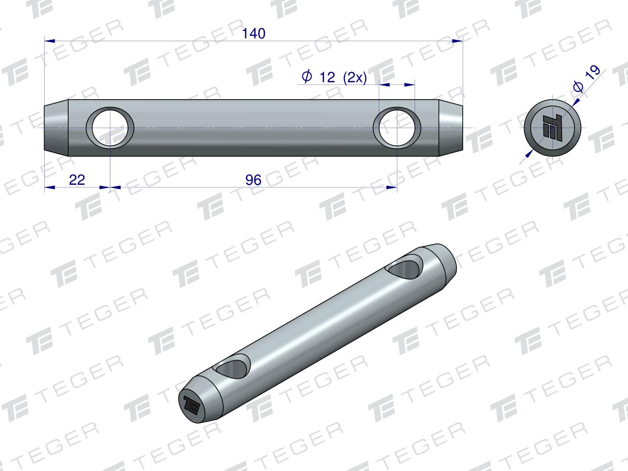 Sworzeń uniwersalny 2-otwory fi 12 19x96x140 TEGER