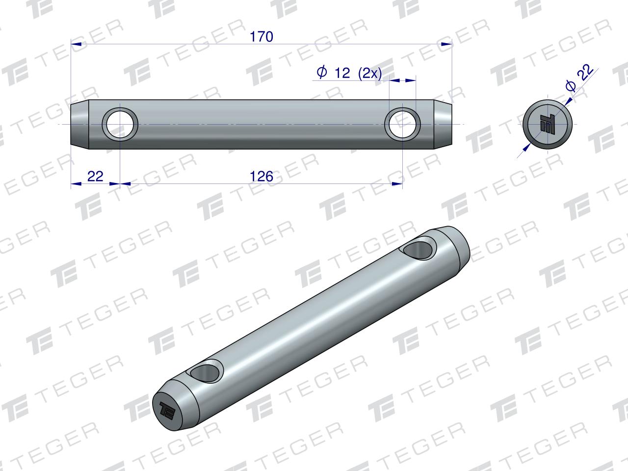 Sworzeń uniwersalny 2-otwory fi 12 22x126x170 TEGER