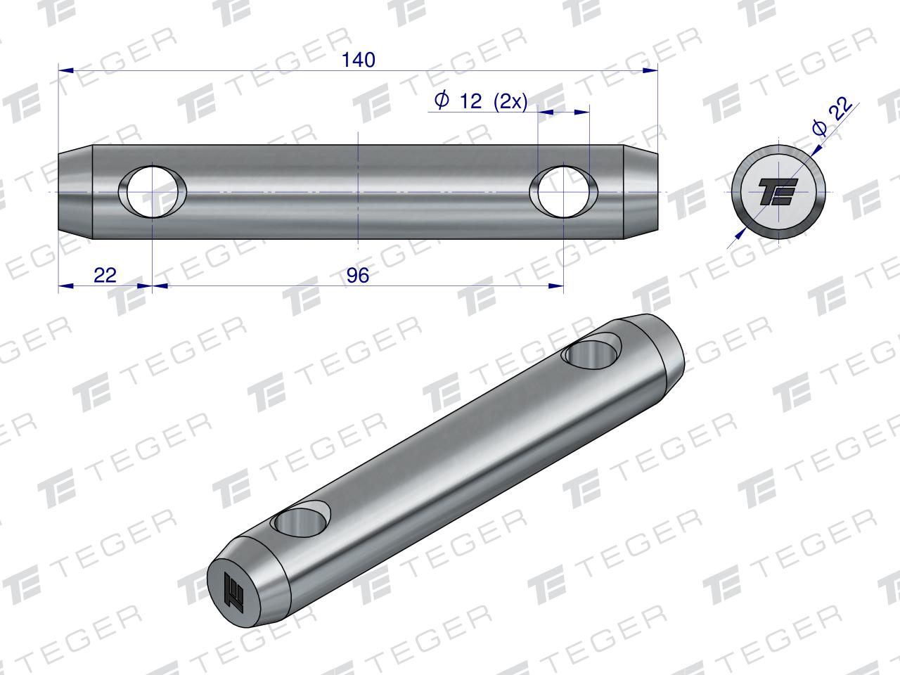 Sworzeń uniwersalny 2-otwory fi 12 22x96x140 TEGER