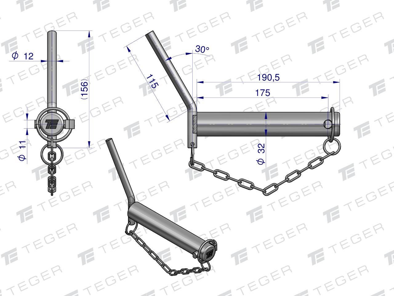 Sworzeń zaczepu z wygiętym uchwytem 32x175 TEGER