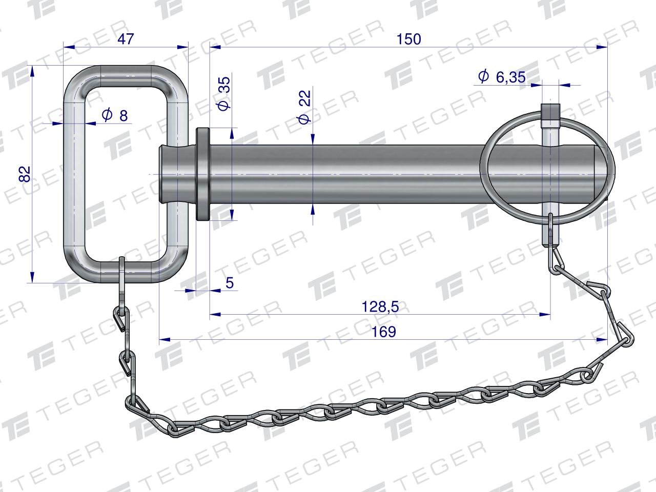 Sworzeń zaczepu z zawleczką i łańcuchem 22x128.5x150 TEGER