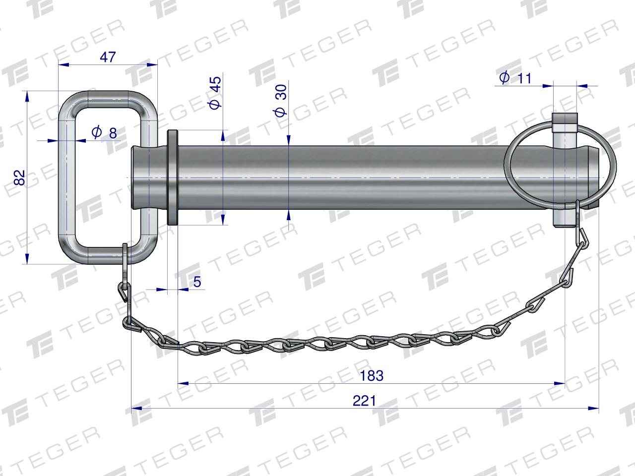 Sworzeń zaczepu z zawleczką i łańcuchem 30x183x221 TEGER