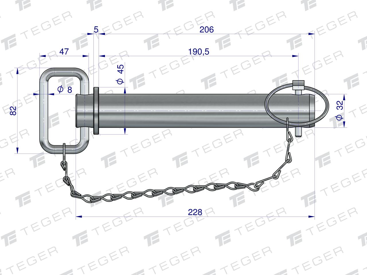 Sworzeń zaczepu z zawleczką i łańcuchem 32x190.5x228 TEGER