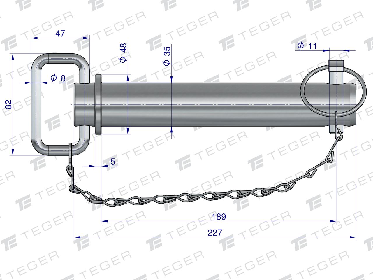 Sworzeń zaczepu z zawleczką i łańcuchem 35x189x227 TEGER