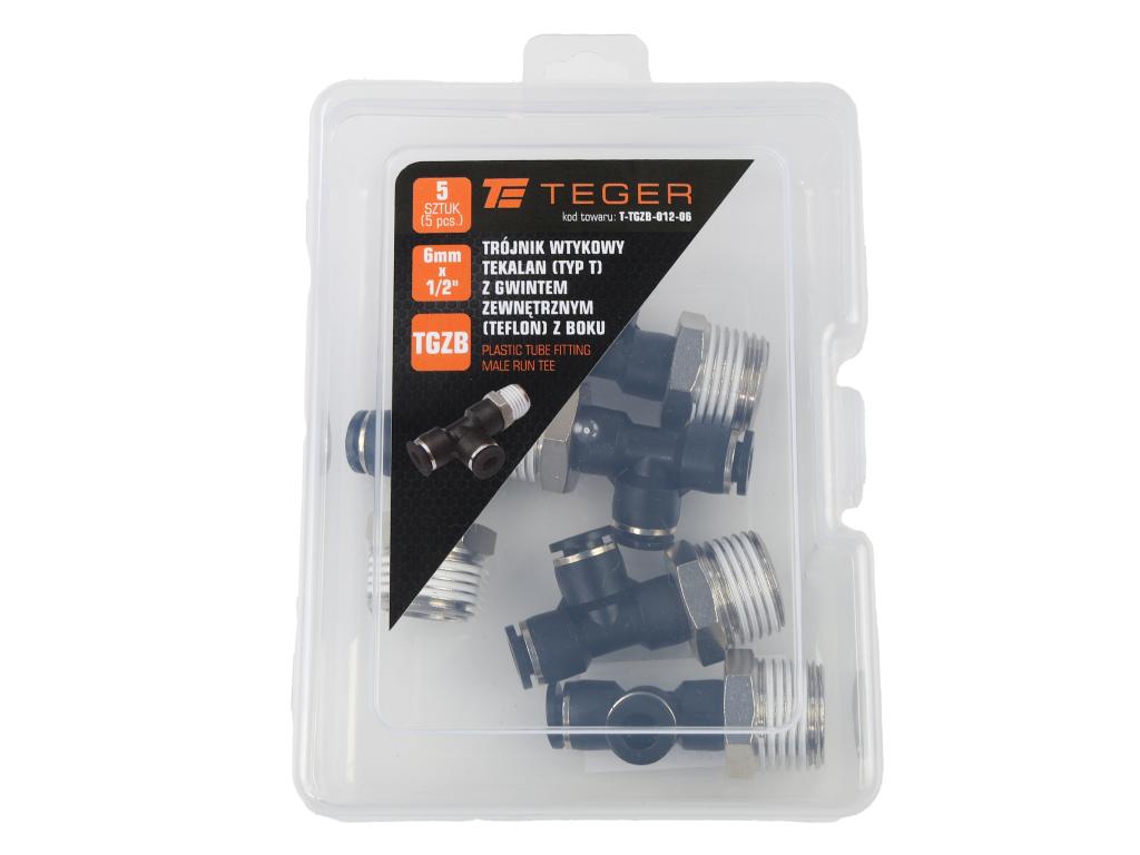 Trójnik wtykowy tekalan (typ T) z gwintem zewnętrznym (teflon) z boku 6mm x 1/2" TEGER, (sprzedawane po 5)