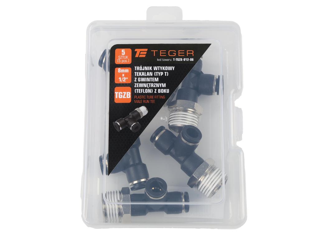 Trójnik wtykowy tekalan (typ T) z gwintem zewnętrznym (teflon) z boku 8mm x 1/2" TEGER, (sprzedawane po 5)
