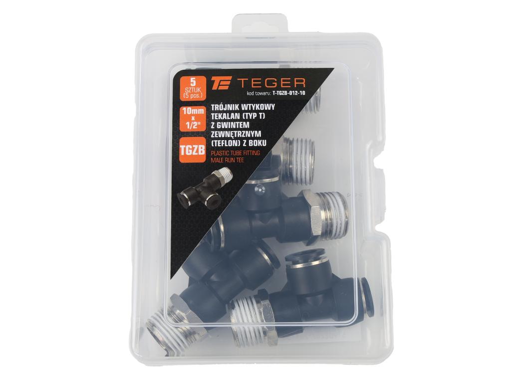 Trójnik wtykowy tekalan (typ T) z gwintem zewnętrznym (teflon) z boku 10mm x 1/2" TEGER, (sprzedawane po 5)