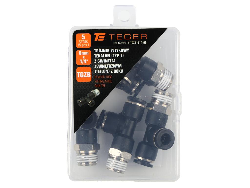 Trójnik wtykowy tekalan (typ T) z gwintem zewnętrznym (teflon) z boku 6mm x 1/4" TEGER, (sprzedawane po 5)