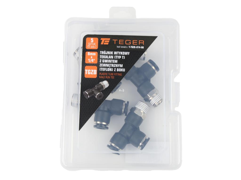 Trójnik wtykowy tekalan (typ T) z gwintem zewnętrznym (teflon) z boku 8mm x 1/4" TEGER, (sprzedawane po 5)