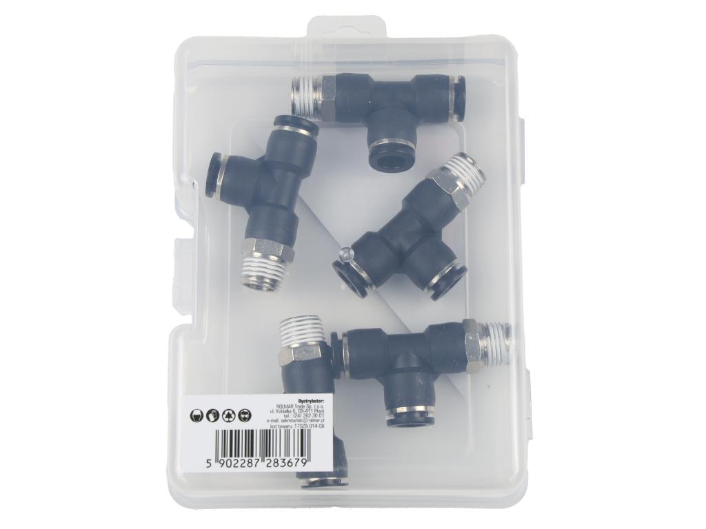 Trójnik wtykowy tekalan (typ T) z gwintem zewnętrznym (teflon) z boku 8mm x 1/4" TEGER, (sprzedawane po 5)
