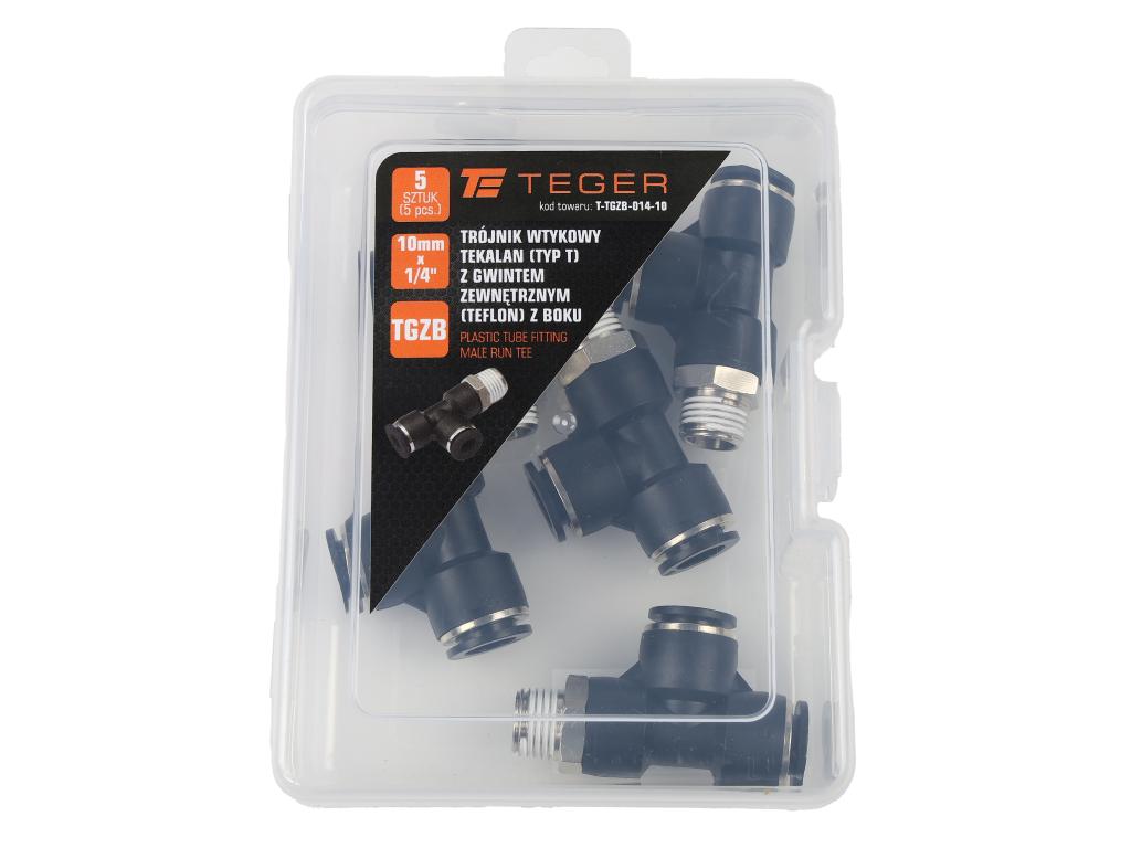Trójnik wtykowy tekalan (typ T) z gwintem zewnętrznym (teflon) z boku 10mm x 1/4" TEGER, (sprzedawane po 5)