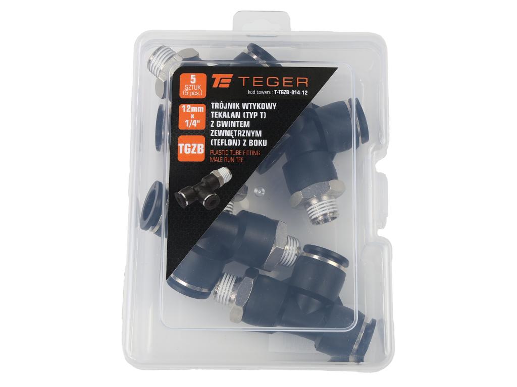 Trójnik wtykowy tekalan (typ T) z gwintem zewnętrznym (teflon) z boku 12mm x 1/4" TEGER, (sprzedawane po 5)