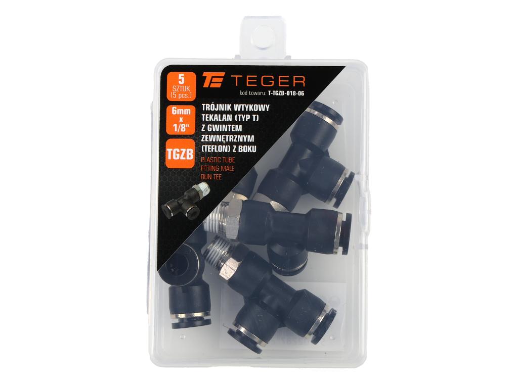 Trójnik wtykowy tekalan (typ T) z gwintem zewnętrznym (teflon) z boku 6mm x 1/8" TEGER, (sprzedawane po 5)