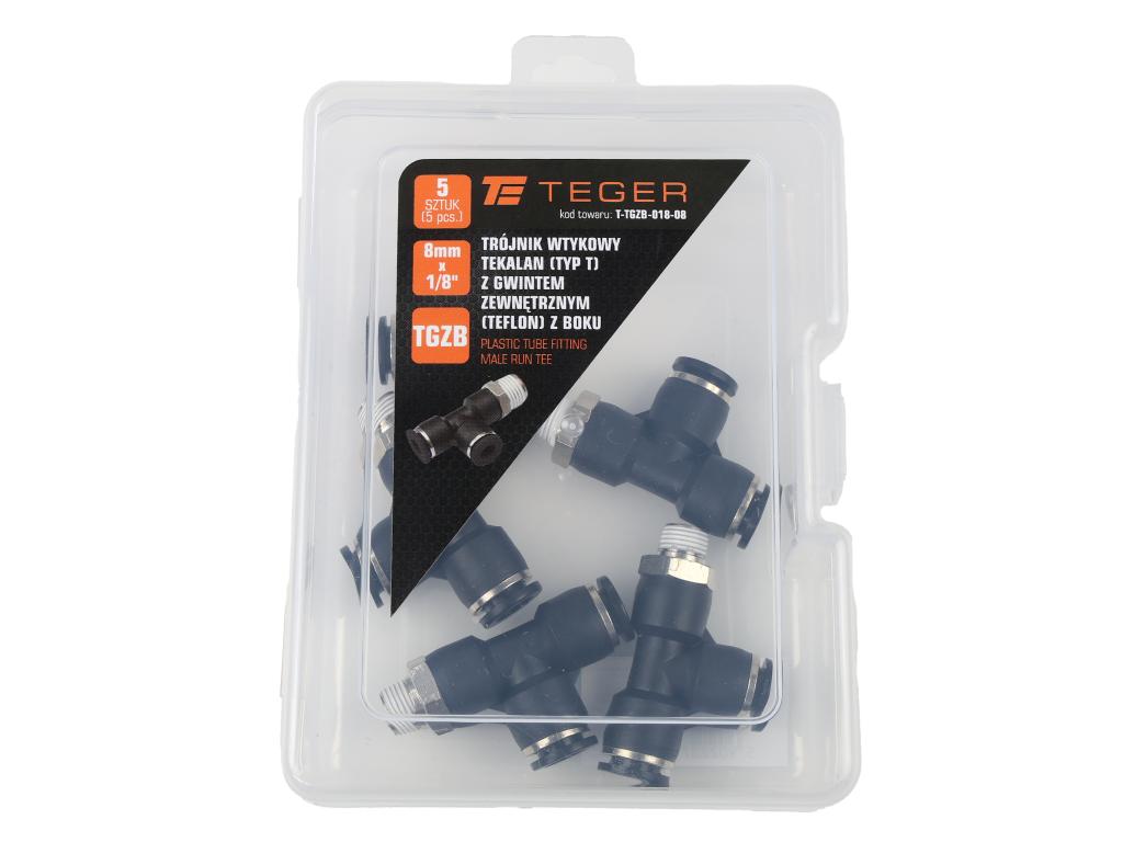 Trójnik wtykowy tekalan (typ T) z gwintem zewnętrznym (teflon) z boku 8mm x 1/8" TEGER, (sprzedawane po 5)