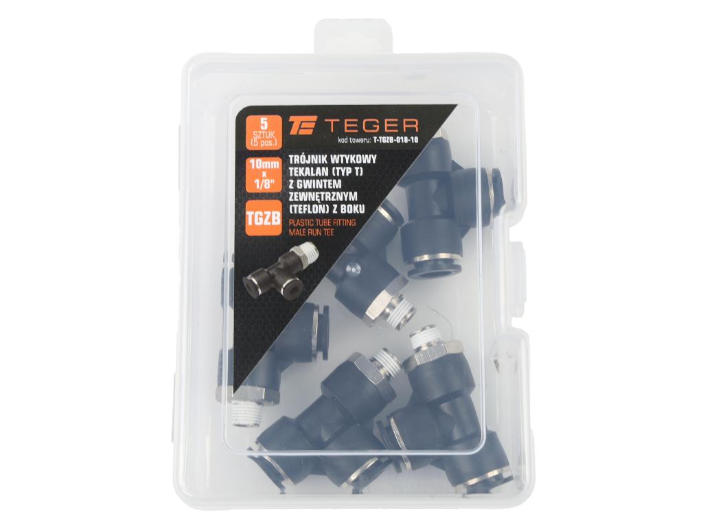 Trójnik wtykowy tekalan (typ T) z gwintem zewnętrznym (teflon) z boku 10mm x 1/8" TEGER, (sprzedawane po 5)