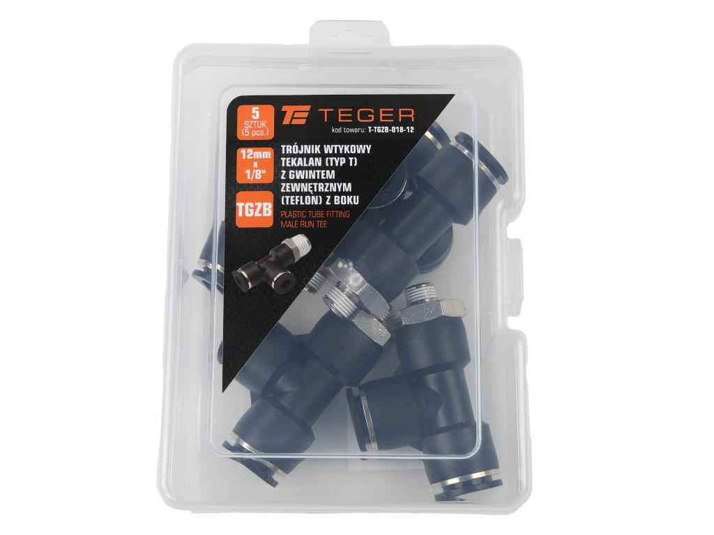 Trójnik wtykowy tekalan (typ T) z gwintem zewnętrznym (teflon) z boku 12mm x 1/8" TEGER, (sprzedawane po 5)