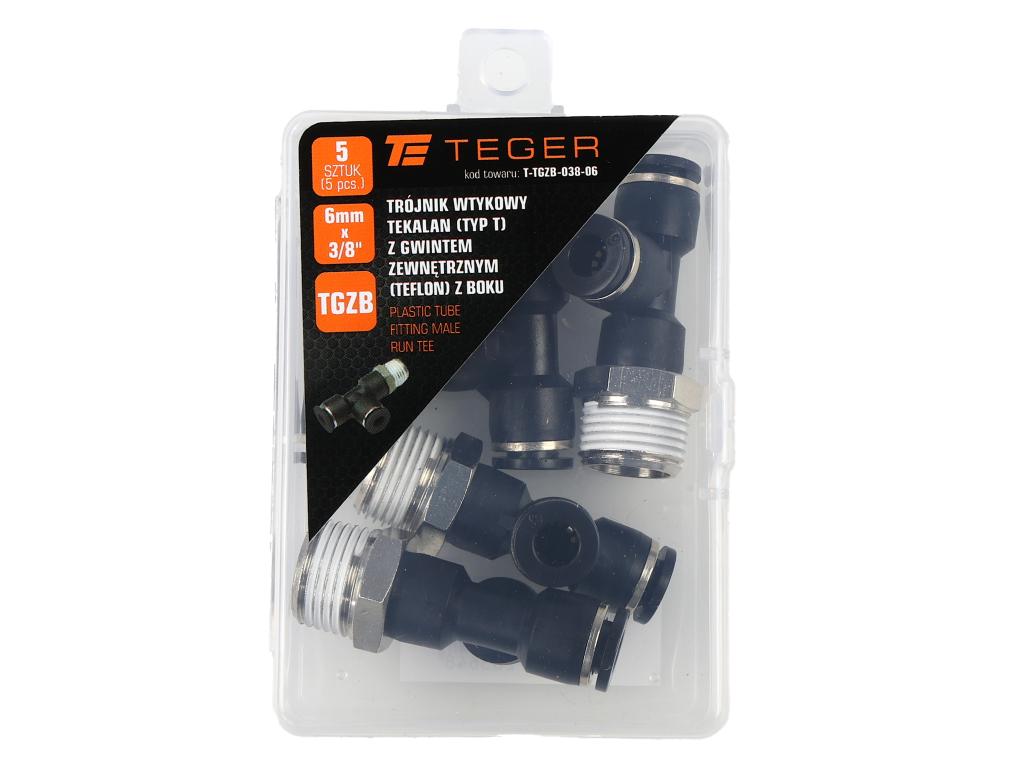 Trójnik wtykowy tekalan (typ T) z gwintem zewnętrznym (teflon) z boku 6mm x 3/8" TEGER, (sprzedawane po 5)
