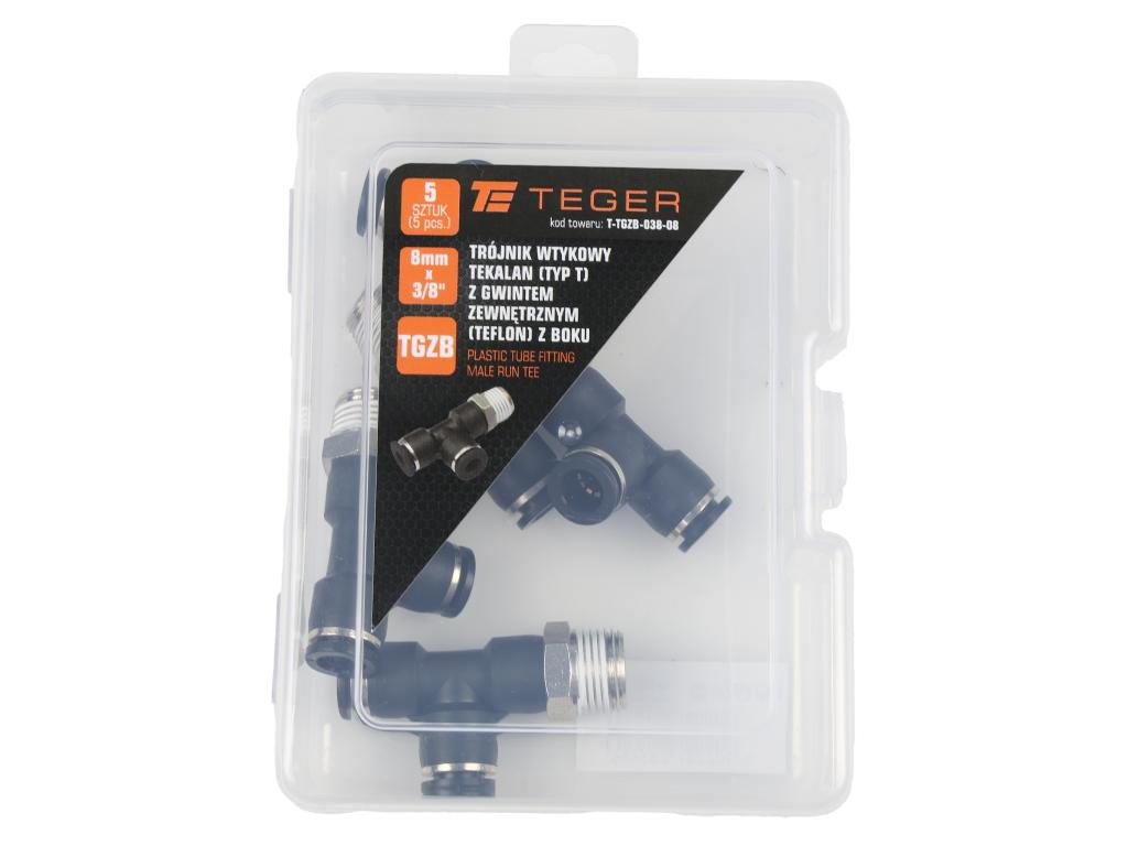 Trójnik wtykowy tekalan (typ T) z gwintem zewnętrznym (teflon) z boku 8mm x 3/8" TEGER, (sprzedawane po 5)