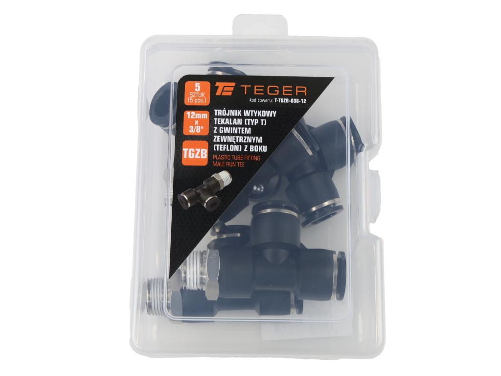 Trójnik wtykowy tekalan (typ T) z gwintem zewnętrznym (teflon) z boku 12mm x 3/8" TEGER, (sprzedawane po 5)