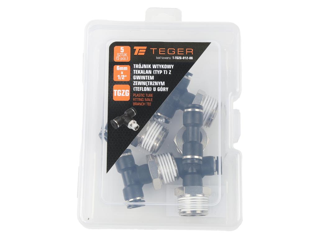 Trójnik wtykowy tekalan (typ T) z gwintem zewnętrznym (teflon) u góry 6mm x 1/2" TEGER, (sprzedawane po 5)