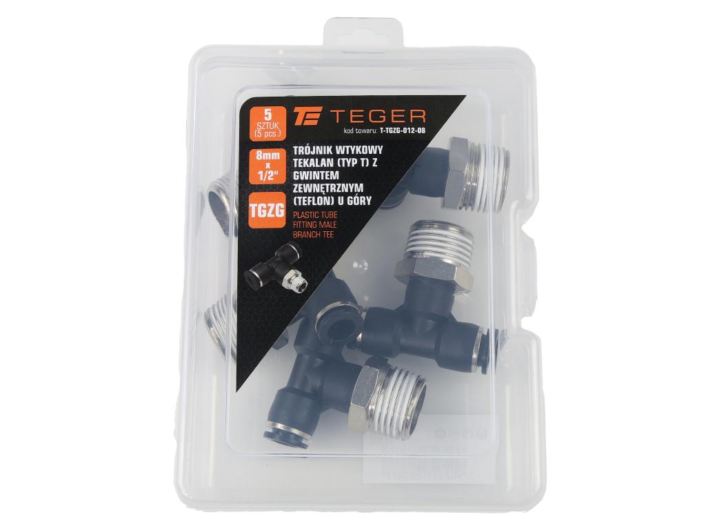Trójnik wtykowy tekalan (typ T) z gwintem zewnętrznym (teflon) u góry 8mm x 1/2" TEGER, (sprzedawane po 5)