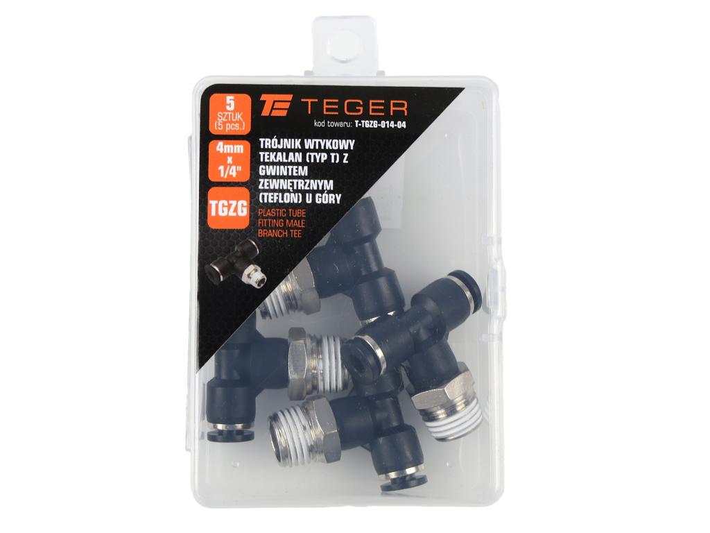Trójnik wtykowy tekalan (typ T) z gwintem zewnętrznym (teflon) u góry 4mm x 1/4" TEGER, (sprzedawane po 5)